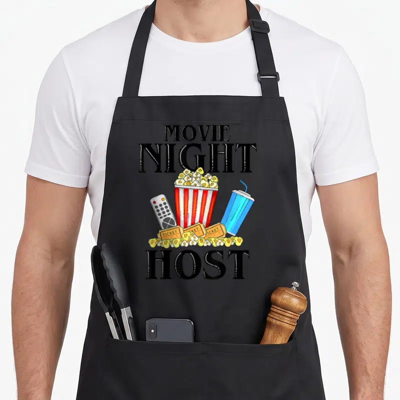 Host family aprons - Movie Night Host text surrounding a popcorn bucket, remote, blue drink, and tickets in cartoon — shown on a black cotton canvas apron against a white background