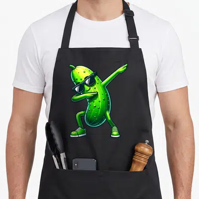Sunglass pickle apron - Green cartoon pickle wearing sunglasses and sneakers performing a dab dance move — shown on a black cotton canvas apron against a white background