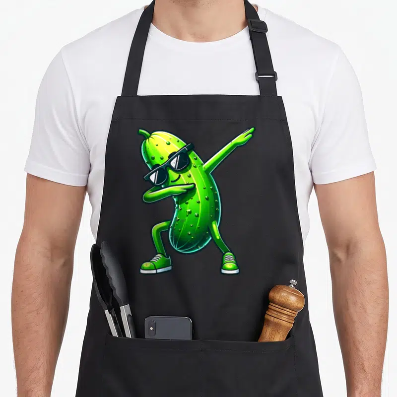 Sunglass pickle apron - Green cartoon pickle wearing sunglasses and sneakers performing a dab dance move — shown on a black cotton canvas apron against a white background
