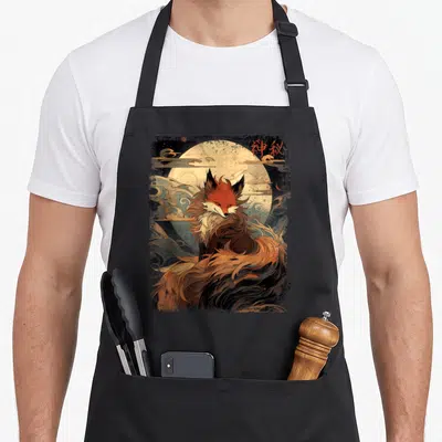 Scenery fox print apron - Realistic fox illustration with pale moon and kanji text in orange and brown — shown on a black cotton canvas apron against a white background