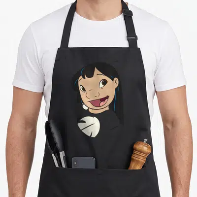 Lilo face on apron - Cartoon girl with black hair tan skin and red smiling mouth on grey shirt — shown on a black cotton canvas apron against a white background