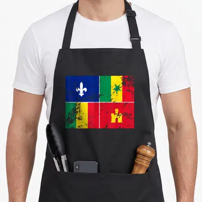 Flag creole addict apron - Distressed four-quadrant flag with blue green yellow red and symbols — shown on a black cotton canvas apron against a white background