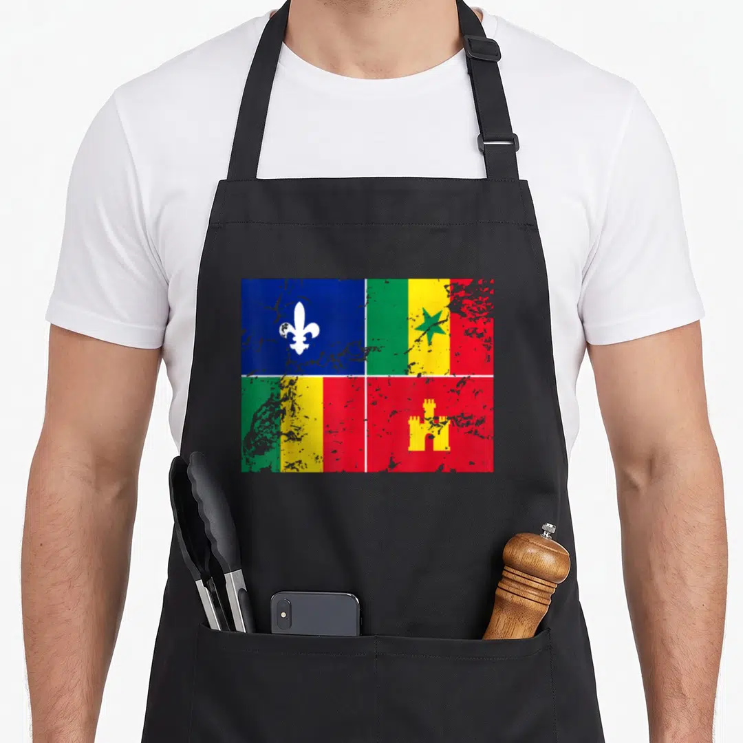 Flag creole addict apron - Distressed four-quadrant flag with blue green yellow red and symbols — shown on a black cotton canvas apron against a white background