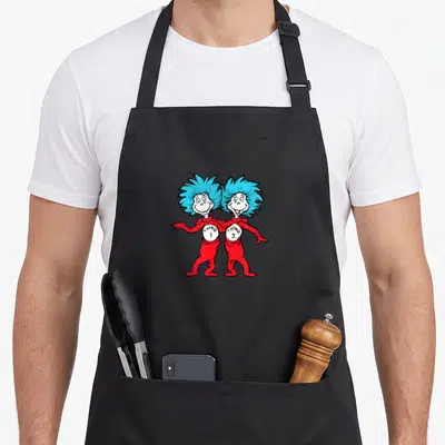 Funny buddy aprons - Two red cartoon figures with blue hair and white chest circles labeled Thing 1 and Thing 2 — shown on a black cotton canvas apron against a white background