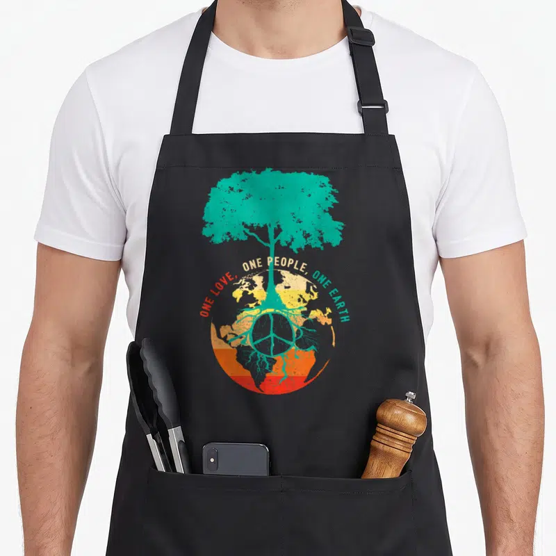 Peace tree apron - Teal tree over striped earth with ONE LOVE ONE PEOPLE ONE EARTH text and peace symbol in roots — shown on a black cotton canvas apron against a white background