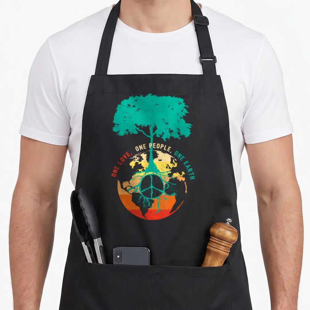 Peace tree apron - Teal tree over striped earth with ONE LOVE ONE PEOPLE ONE EARTH text and peace symbol in roots — shown on a black cotton canvas apron against a white background