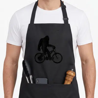 Bigfoot bicycle apron - Distressed black silhouette of Bigfoot riding a bicycle centered on dark fabric — shown on a black cotton canvas apron against a white background