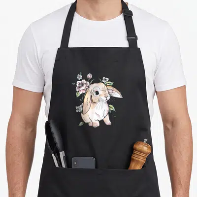 Watercolor rabbit apron - Beige rabbit surrounded by pink flowers and green leaves in watercolor style — shown on a black cotton canvas apron against a white background