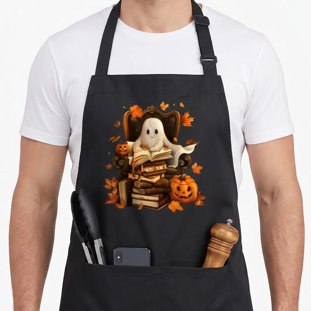Reading halloween apron - Cartoon ghost reading books in a chair with pumpkins and orange leaves — shown on a black cotton canvas apron against a white background