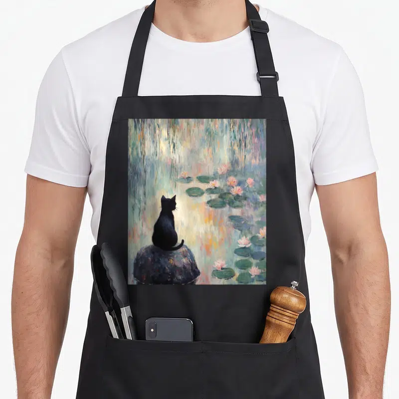 Cat white lily apron - Black cat silhouette on rock overlooking pink water lilies in watercolor style with blue — shown on a black cotton canvas apron against a white background