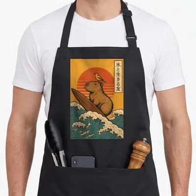Surfing capybara apron - Brown capybara on surfboard with bird and Japanese text against striped sun — shown on a black cotton canvas apron against a white background