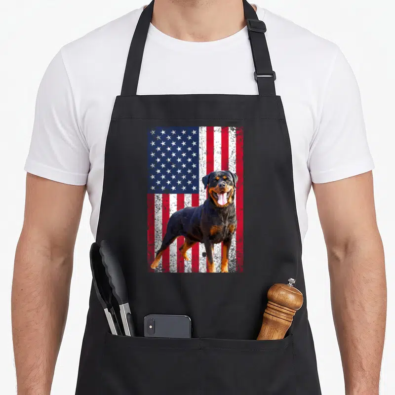 Dog 4th of july apron - Rottweiler photo standing in front of a distressed red white and blue American flag background — shown on a black cotton canvas apron against a white background