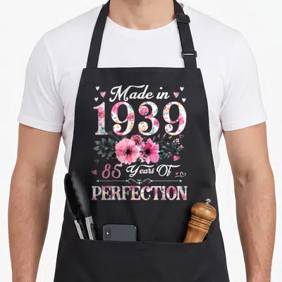 85th birthday vintage floral apron - Pink floral text Made in 1939 85 Years Of Perfection with hearts — shown on a black cotton canvas apron against a white background