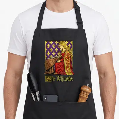 Sir gag aprons - Medieval woman in red robe holding sword next to brown lumpy object with Sir Rhosis text — shown on a black cotton canvas apron against a white background