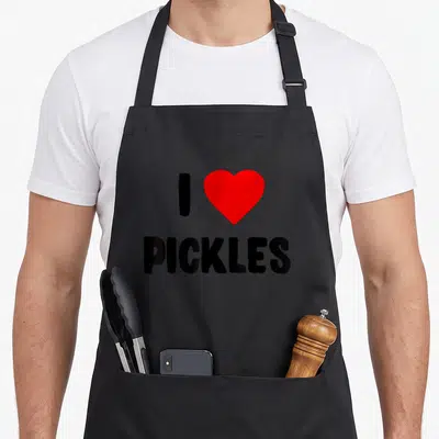 Retro pickle apron - Black text I PICKLES next to a red heart graphic — shown on a black cotton canvas apron against a white background