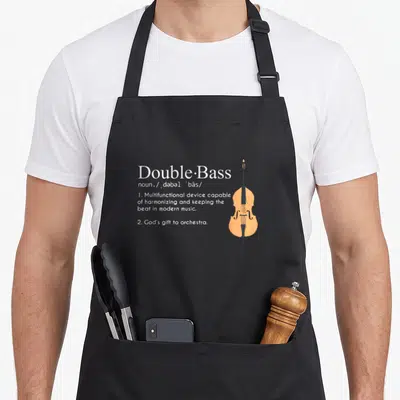 Musician upright double apron - Orange double bass standing next to white dictionary definition text — shown on a black cotton canvas apron against a white background