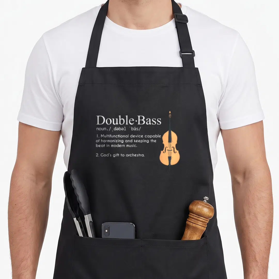 Musician upright double apron - Orange double bass standing next to white dictionary definition text — shown on a black cotton canvas apron against a white background