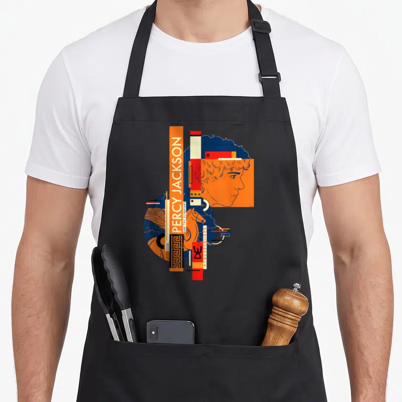 Percy greek aprons - Minimalist Percy Jackson profile and Pegasus art with orange blue and red geometric accents — shown on a black cotton canvas apron against a white background