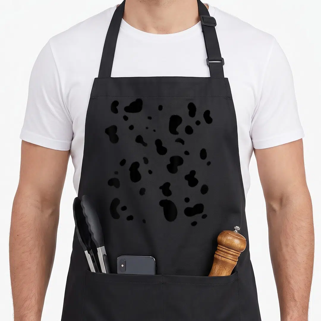 Toddler cheap halloween aprons - Scattered black irregular spots on a plain background representing a Dalmatian pattern — shown on a black cotton canvas apron against a white background