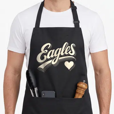 Typography eagles apron - Cream retro script reading Eagles with 3D shadow and heart below — shown on a black cotton canvas apron against a white background