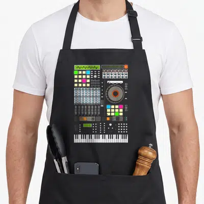 Artist maker apron - Top-down illustration of a music controller with colored buttons, faders, and a central jog wheel — shown on a black cotton canvas apron against a white background