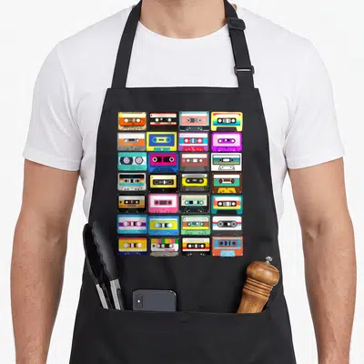 Cassette 1980s apron - Cartoon grid of 24 colorful cassette tapes in blue, yellow, pink, green, and black — shown on a black cotton canvas apron against a white background