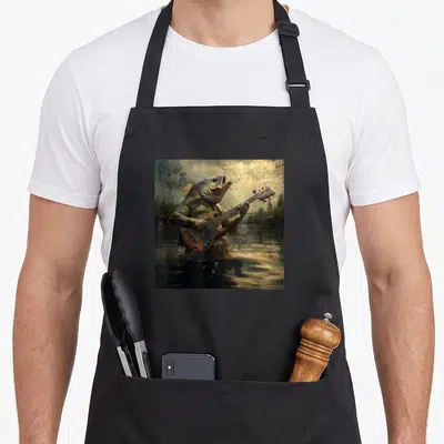 Bass meme apron - Realistic fish playing bass guitar in green and brown water scene with docks — shown on a black cotton canvas apron against a white background