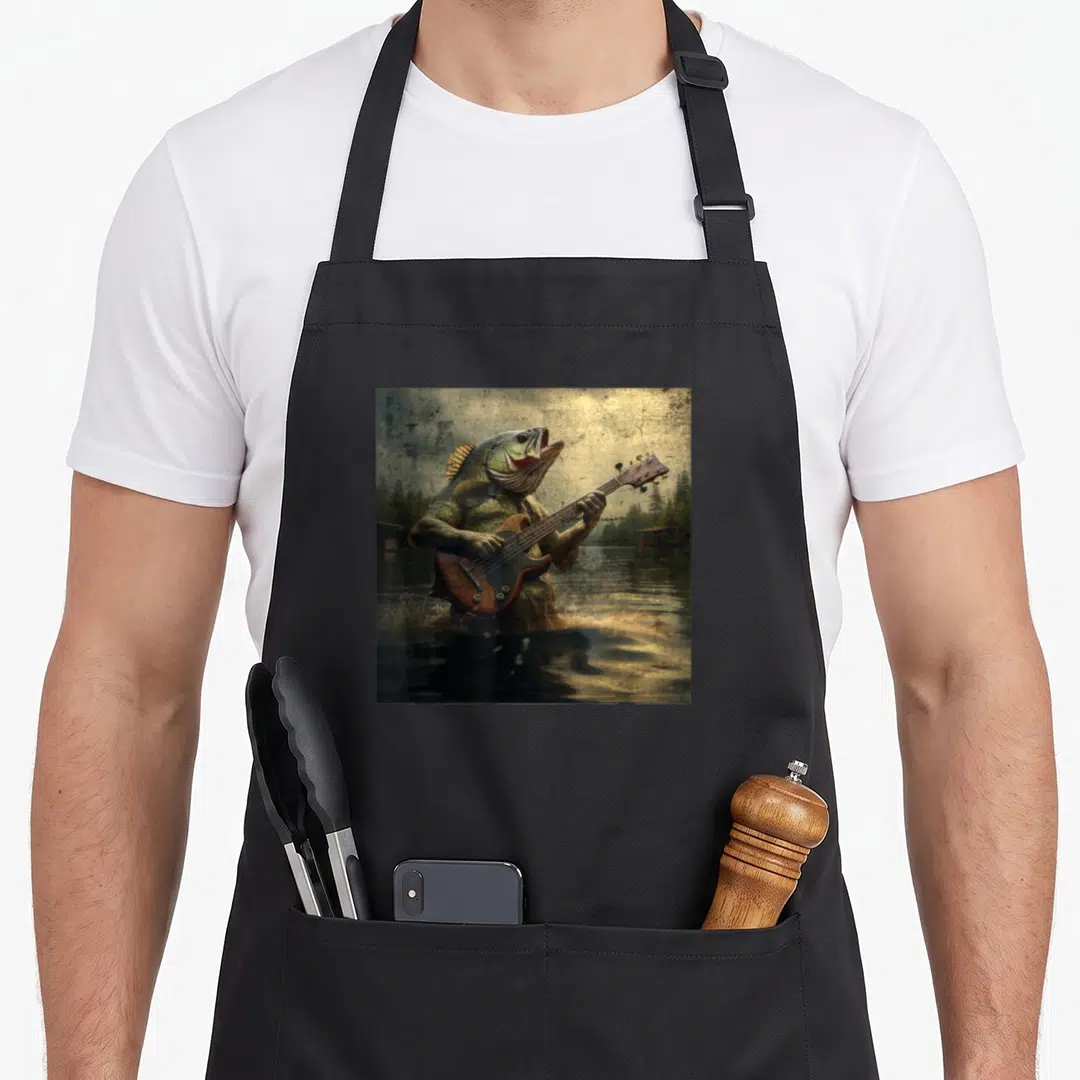Bass meme apron - Realistic fish playing bass guitar in green and brown water scene with docks — shown on a black cotton canvas apron against a white background