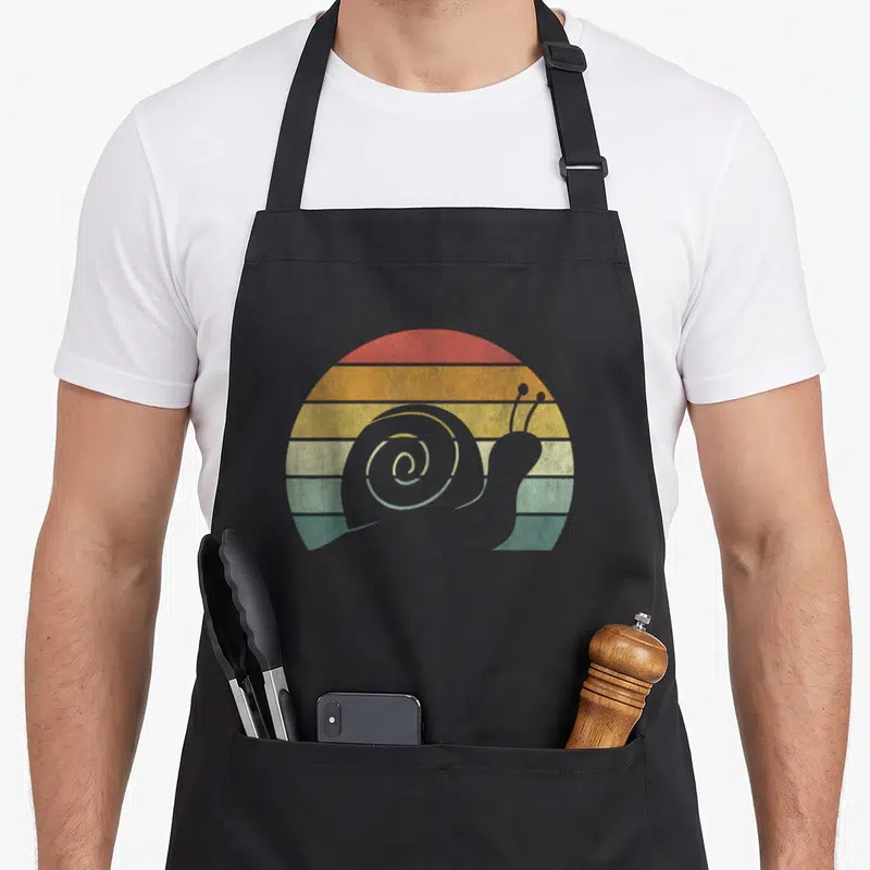 Sunset snail apron - Grey snail silhouette over red orange yellow green teal striped sun — shown on a black cotton canvas apron against a white background