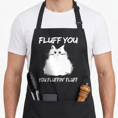 Fluffin cat kitten apron - White cartoon cat between text FLUFF YOU and YOU FLUFFIN' FLUFF — shown on a black cotton canvas apron against a white background