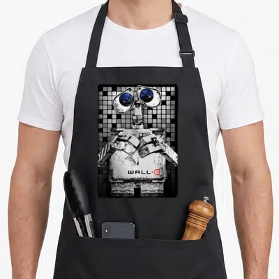 Distressed e.a apron - WALL·E robot photo art on checkered grid with name on chest in black white grey and red — shown on a black cotton canvas apron against a white background