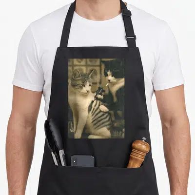 Cat smoking apron - Sepia photo of two cats, one with a cigarette, tattoo style — shown on a black cotton canvas apron against a white background