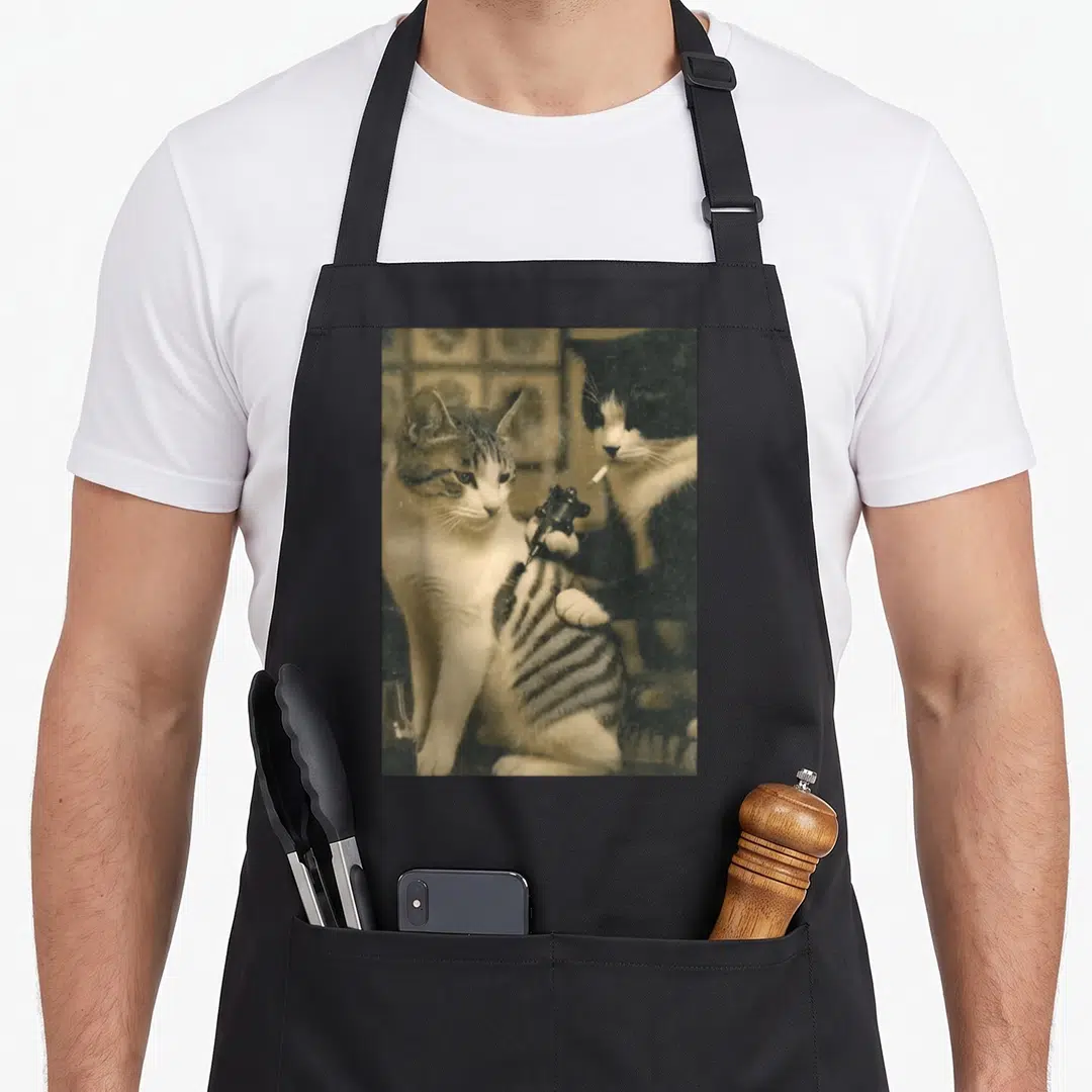 Cat smoking apron - Sepia photo of two cats, one with a cigarette, tattoo style — shown on a black cotton canvas apron against a white background