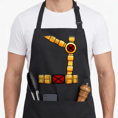 Cyclop x apron - Yellow segmented mechanical arm in L-shape with red cross symbols at joints, cartoon style — shown on a black cotton canvas apron against a white background