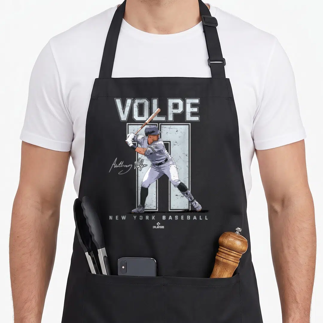 Mvp baseball apron - Distressed grey graphic of a baseball player with VOLPE text and white signature — shown on a black cotton canvas apron against a white background