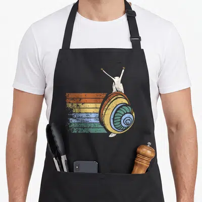 Snail animal apron - Retro snail silhouette with orange, yellow, blue, green, and white horizontal stripes extending — shown on a black cotton canvas apron against a white background