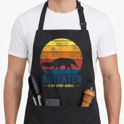Vintage anteater apron - Grey anteater silhouette inside blue yellow orange red striped circle with printed text — shown on a black cotton canvas apron against a white background