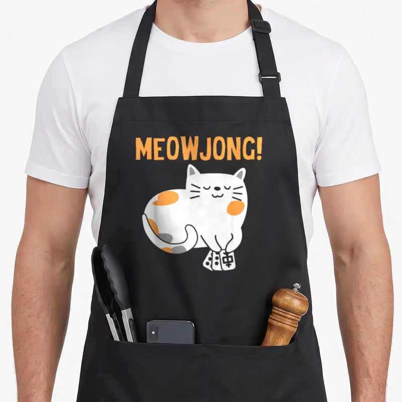 Cat mahjong apron - Orange MEOWJONG text above white and orange cat holding mahjong tiles — shown on a black cotton canvas apron against a white background