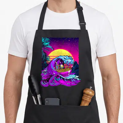 Wave anime apron - Retro vaporwave ramen bowl inside purple and blue wave with yellow sun and palm tree — shown on a black cotton canvas apron against a white background
