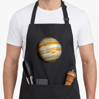 Planet stargazer apron - Realistic photo of Jupiter planet with brown orange and white swirling bands on black — shown on a black cotton canvas apron against a white background