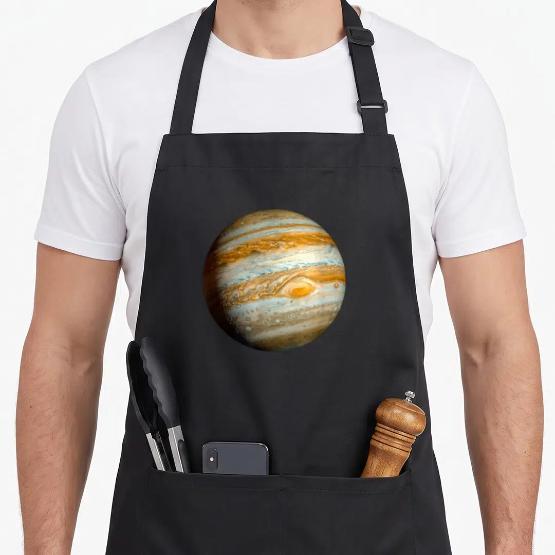 Planet stargazer apron - Realistic photo of Jupiter planet with brown orange and white swirling bands on black — shown on a black cotton canvas apron against a white background