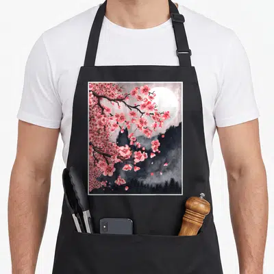 Sakura japanese cherry print apron - Pink cherry blossoms on brown branches over white moon and grey mountains — shown on a black cotton canvas apron against a white background