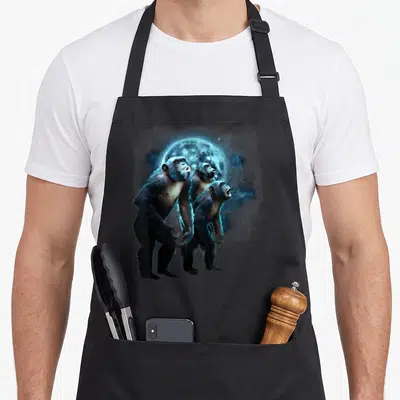 Howling chimpanzee apron - Three realistic gorillas standing before a large blue moon and starry nebula background — shown on a black cotton canvas apron against a white background
