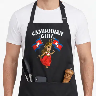 Khmer cambodia cambodian apron - Cartoon girl in red dress with two red blue and gold flags — shown on a black cotton canvas apron against a white background