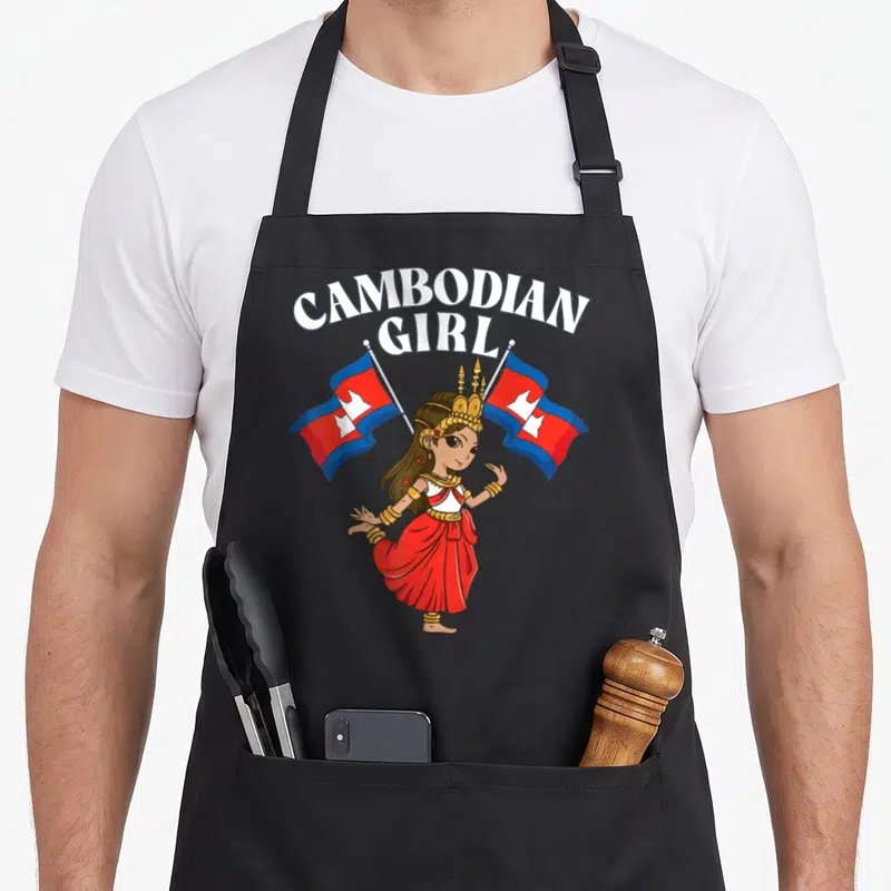 Khmer cambodia cambodian apron - Cartoon girl in red dress with two red blue and gold flags — shown on a black cotton canvas apron against a white background