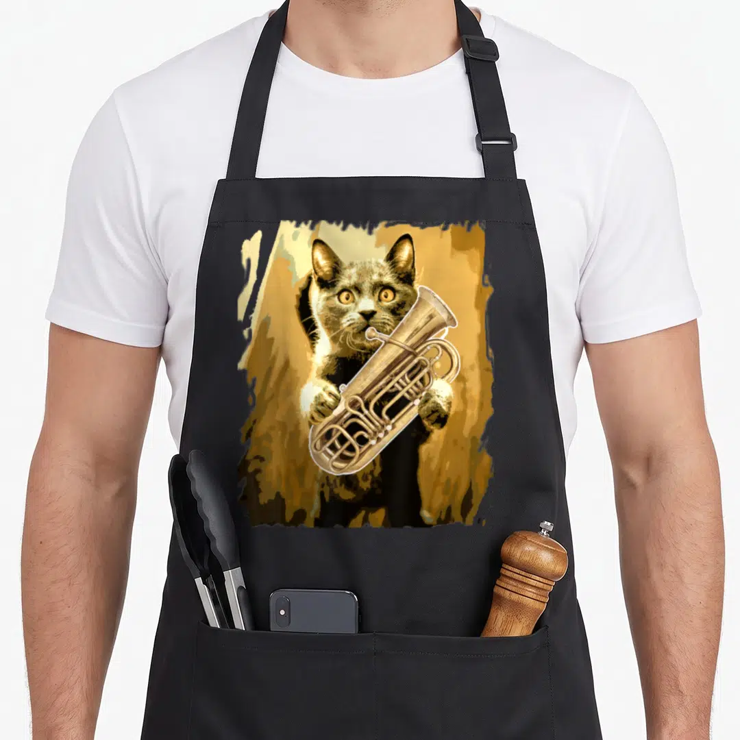 Tuba cat apron - Cartoon cat holding gold euphonium against splattered brown and tan background — shown on a black cotton canvas apron against a white background