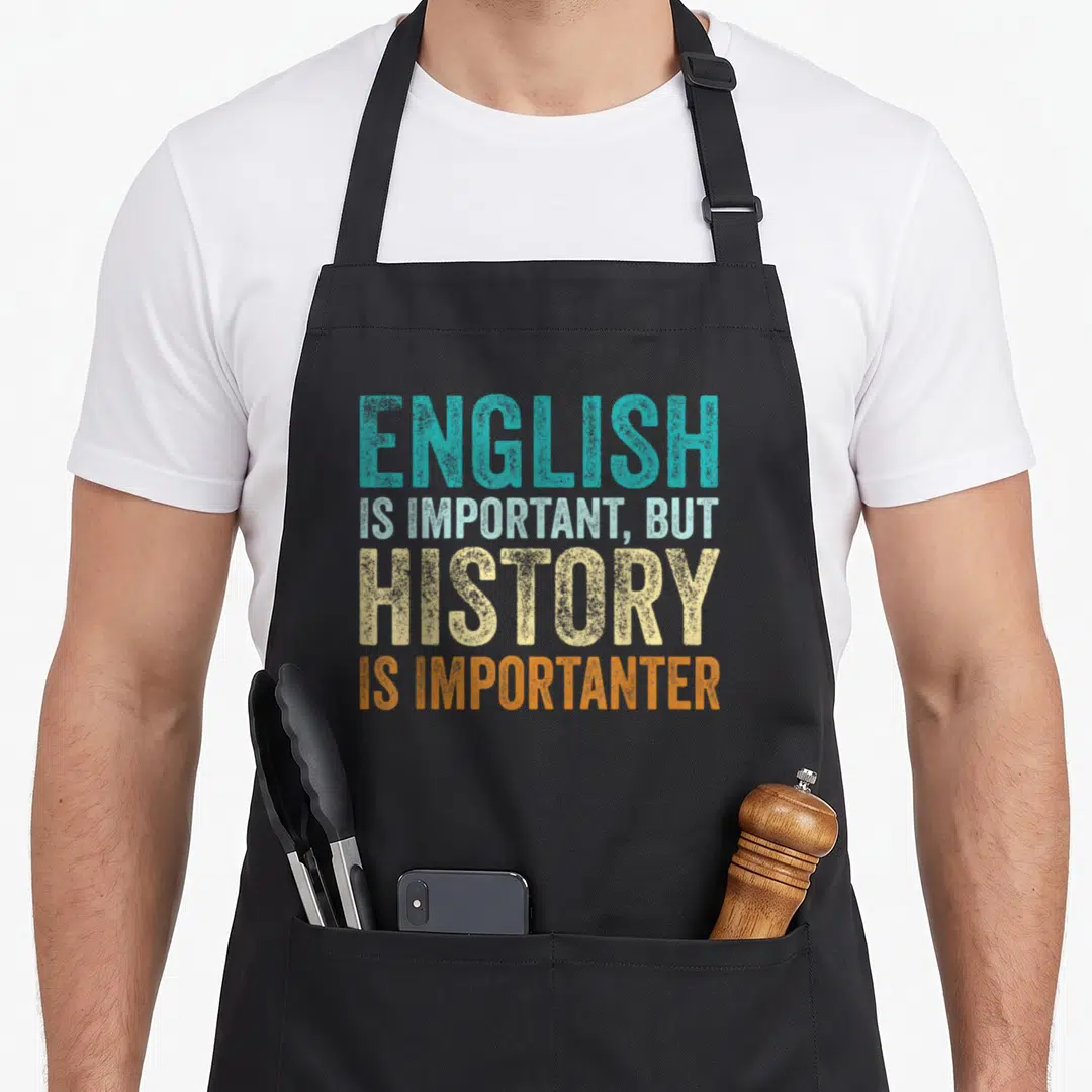 Important english apron - Stacked teal blue beige orange text ENGLISH IS IMPORTANT BUT HISTORY IS IMPORTANTER — shown on a black cotton canvas apron against a white background