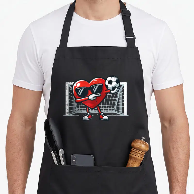 Dab valentine's day apron - Red cartoon heart wearing sunglasses holding soccer ball in front of white goal net — shown on a black cotton canvas apron against a white background