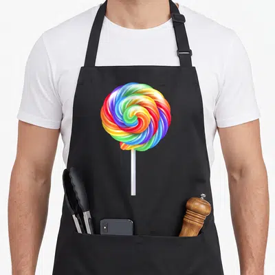 Sucker halloween apron - Rainbow spiral lollipop with red orange yellow green blue purple swirls on white stick — shown on a black cotton canvas apron against a white background