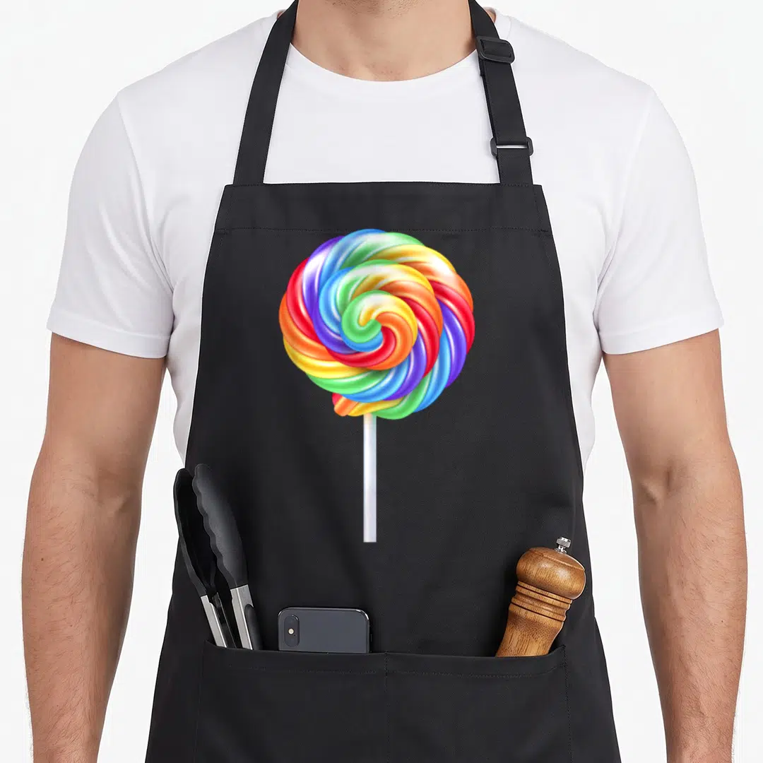 Sucker halloween apron - Rainbow spiral lollipop with red orange yellow green blue purple swirls on white stick — shown on a black cotton canvas apron against a white background